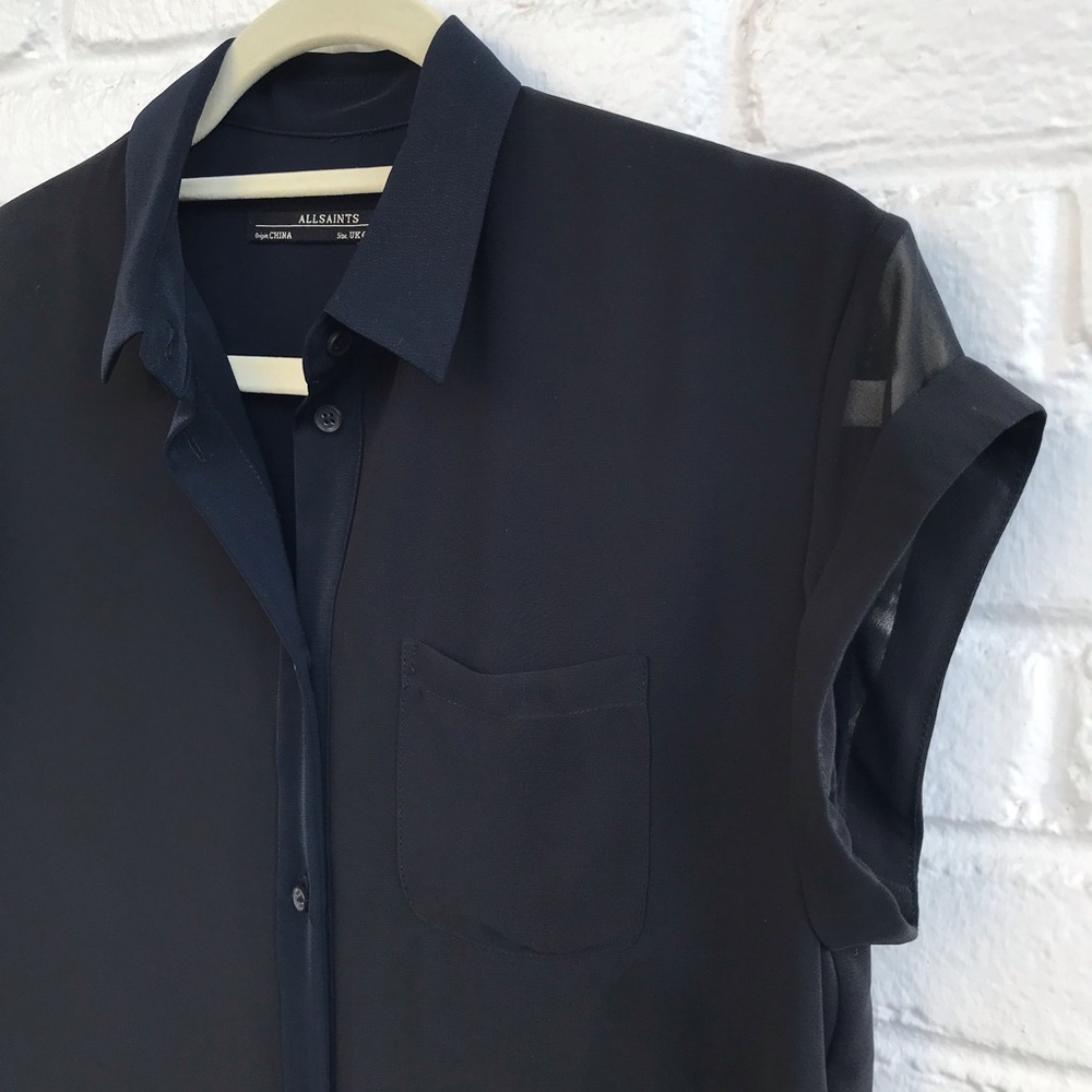 All Saints Silk Shirt Dress Size 2 Navy Black - Picture 4 of 8